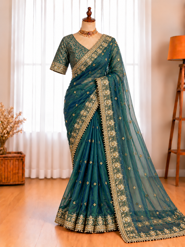 Premium Tissue Saree with Stone & Mirror Work and Ghungroo Blouse