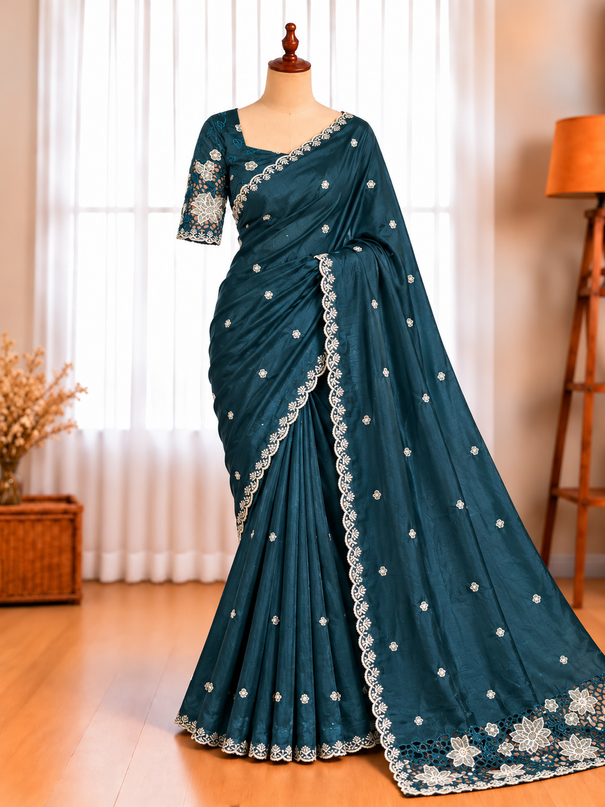 Tusser Cotton Saree with Thread Embroidery & Cutwork Border
