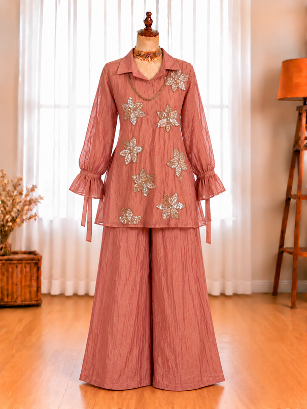 Slasa Silk Beaded & Sequin Embroidered Top with Palazzo