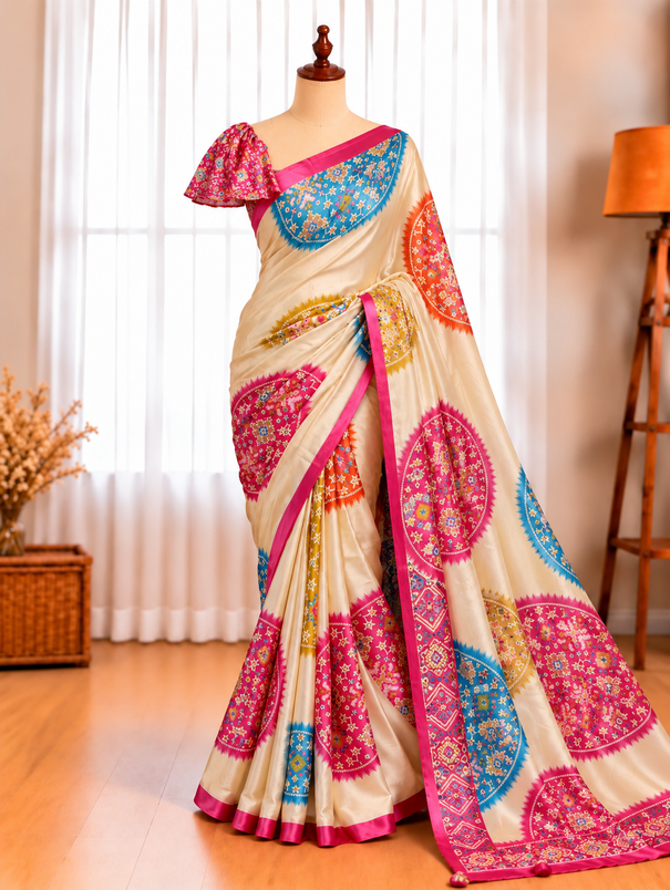 Premium Satin Silk Saree with Ultra HD Digital Print & Matching Blouse
