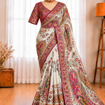 Rajwadi Pashmina Silk Saree with Zari Border & Contrast Blouse