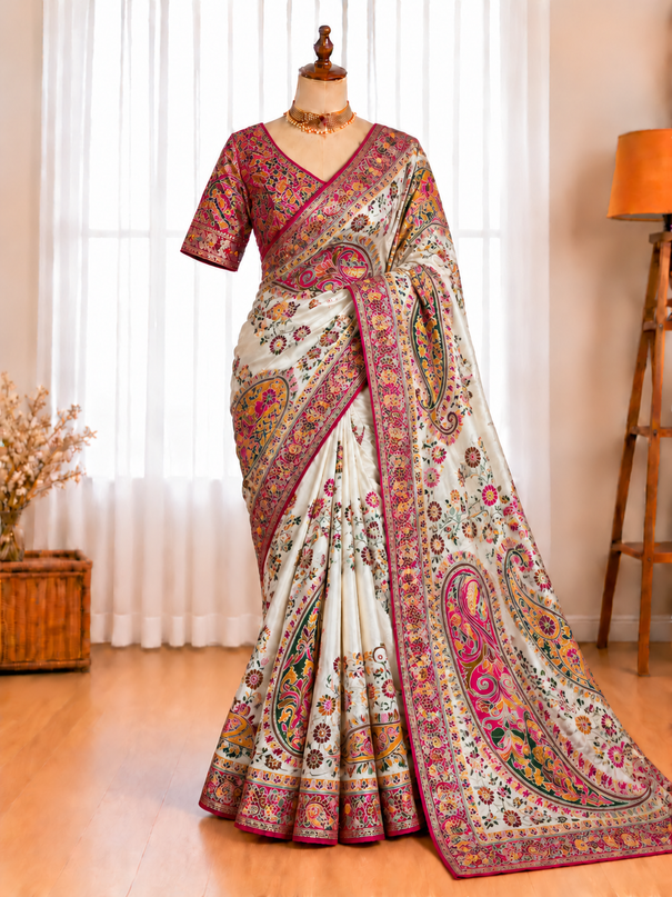 Rajwadi Pashmina Silk Saree with Zari Border & Contrast Blouse