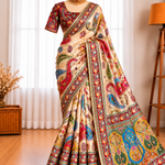 Satin Silk Saree with Traditional Digital Print & Contrast Blouse