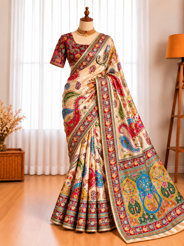 Satin Silk Saree with Traditional Digital Print & Contrast Blouse