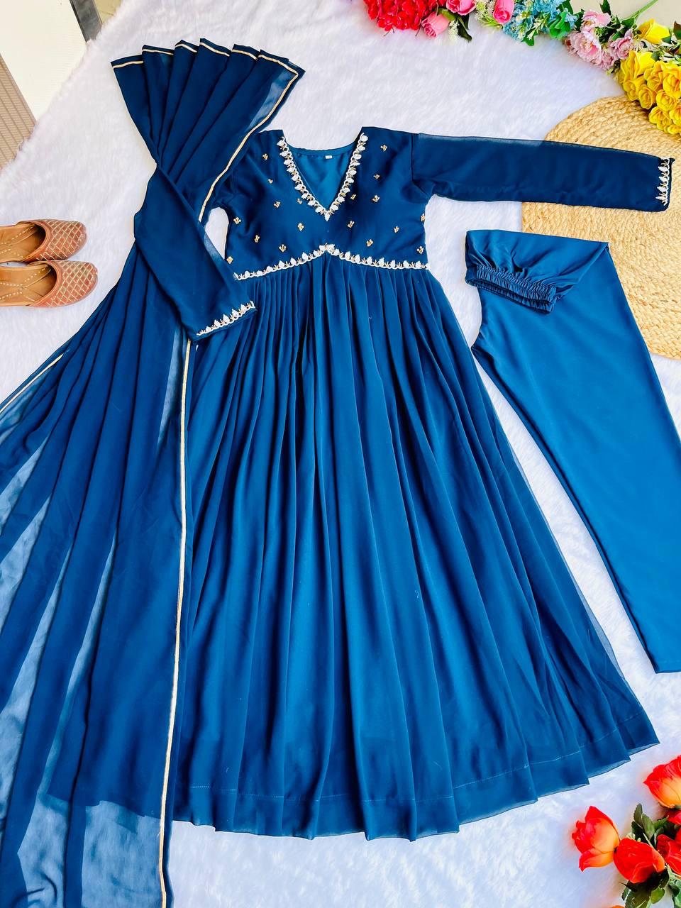 Blue Colour Real Hand Work Alia Cut 4 Meter Flair Gown gopifashion Blue Colour Real Hand Work Alia Cut 4 Meter Flair Gown gopifashion