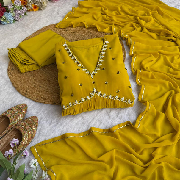 Yellow Colour Real Hand  With Sequence Work Alia Cut 4 Meter Flair Gown
