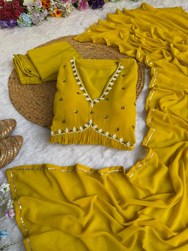 Yellow Colour Real Hand  With Sequence Work Alia Cut 4 Meter Flair Gown