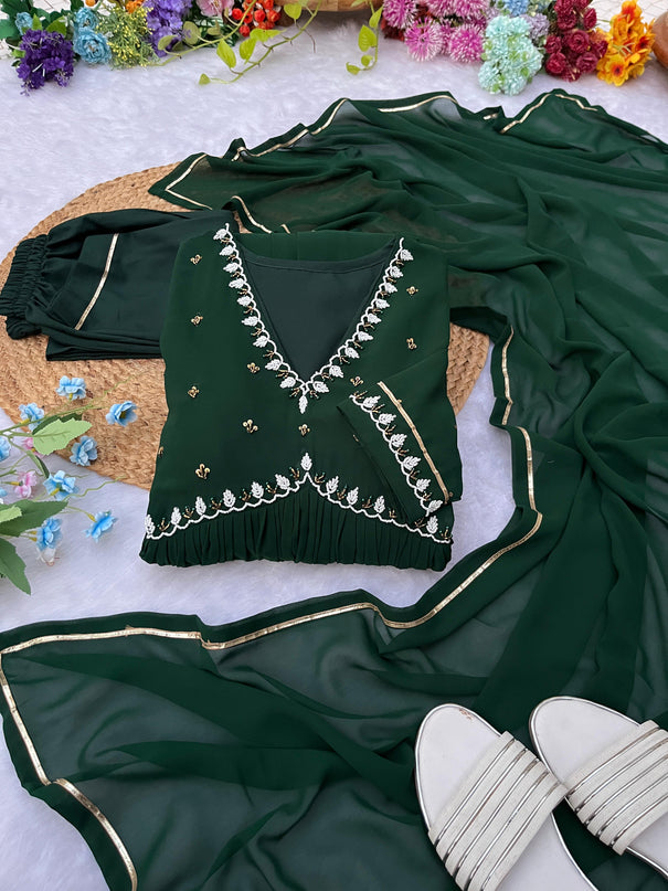 Green Colour Real Hand Work Alia Cut 4 Meter Flair Gown