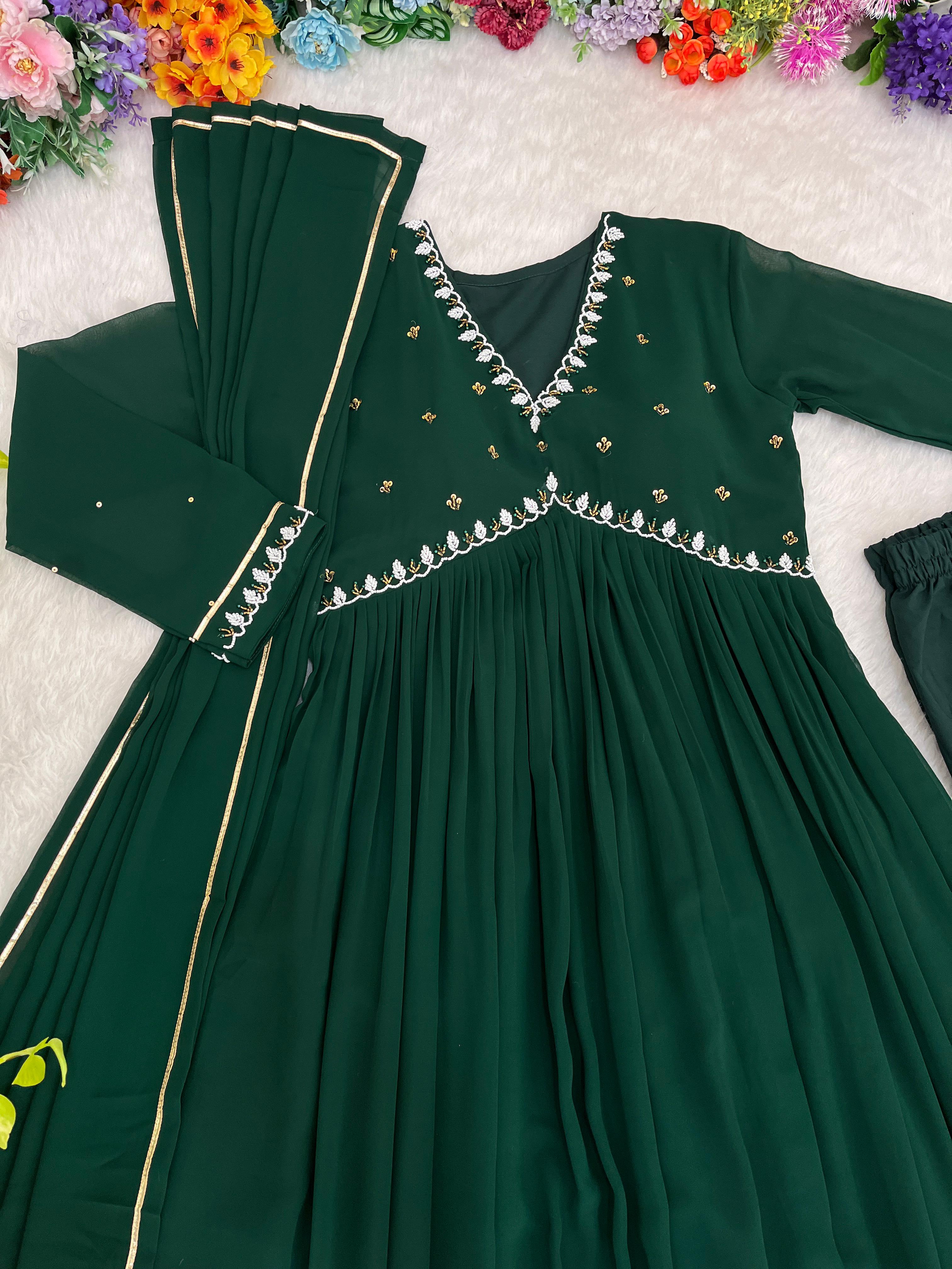 Green Colour Real Hand Work Alia Cut 4 Meter Flair Gown gopifashion Green Colour Real Hand Work Alia Cut 4 Meter Flair Gown gopifashion