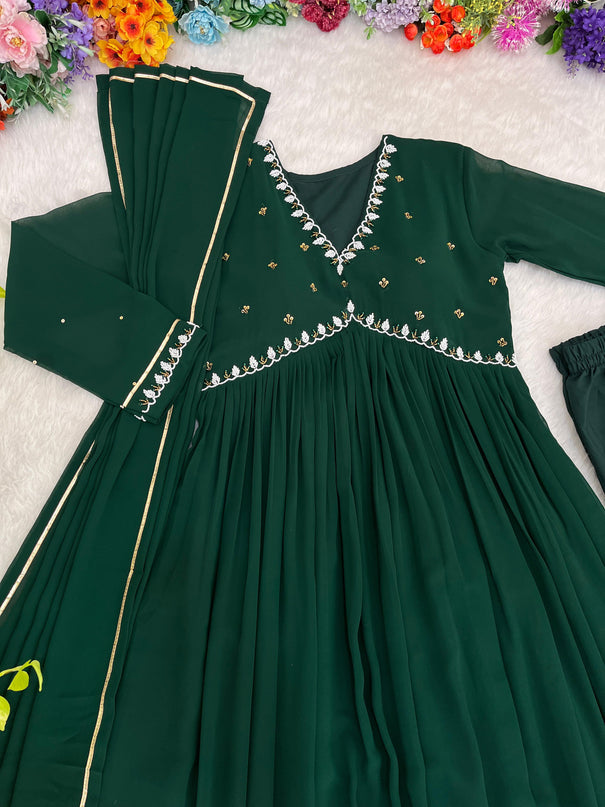 Green Colour Real Hand Work Alia Cut 4 Meter Flair Gown