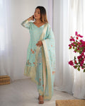 WOMEN'S PREMIUM CHANDERI SILK WITH JACQARD PRINT DUPATTA TOP PANT SET