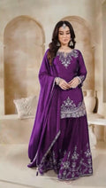 Red Color Chinon Silk Embroidery Work Top Plazzo