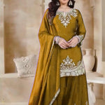 Red Color Chinon Silk Embroidery Work Top Plazzo