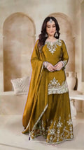 Red Color Chinon Silk Embroidery Work Top Plazzo
