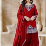 Red Color Chinon Silk Embroidery Work Top Plazzo