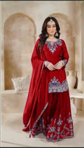 Red Color Chinon Silk Embroidery Work Top Plazzo