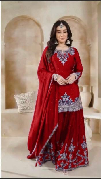Red Color Chinon Silk Embroidery Work Top Plazzo