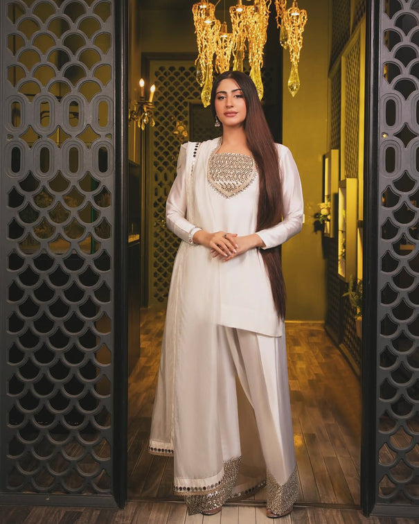 White Color Natural Crep Silk Top Plazzo