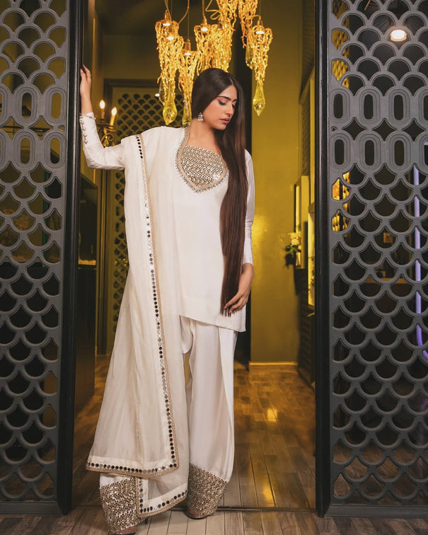 White Color Natural Crep Silk Top Plazzo