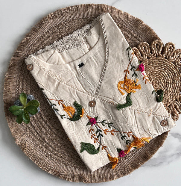 White Color Pure Khadi Tunic Hand Work Top