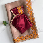 Cream Color Pure Satin Chiffon Katha Flower Work Saree