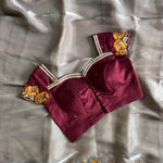 Cream Color Pure Satin Chiffon Katha Flower Work Saree