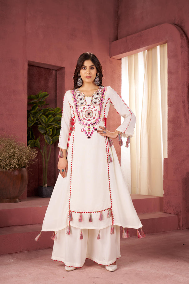Reyon Fabric With Thread & Real Mirror Work Top Plazzo