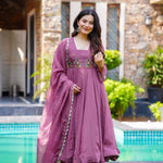 Pink Color Foux Georgette Embroidery Work Gown