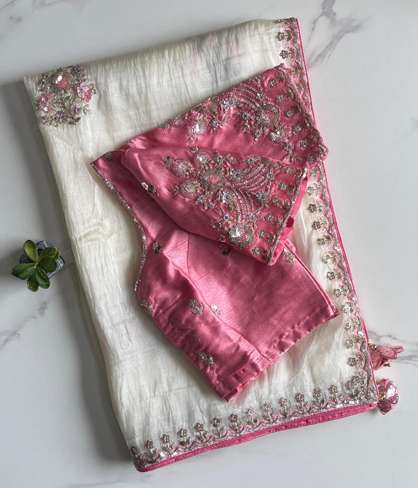 White Color Pure Gold Crush Tissue Fabric Sequins Work Saree