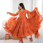 Orange Color With Mal Chanderi  With Mirror Hand Work Gown