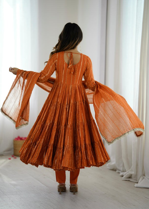 Orange Color With Mal Chanderi  With Mirror Hand Work Gown