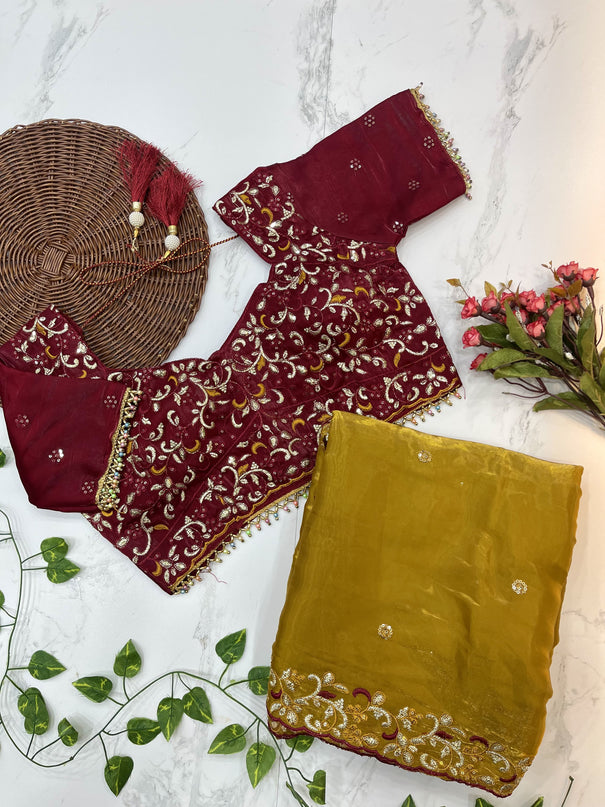 Gold Color Soft Zimmy Choo Silk With Embroidery Work Saree