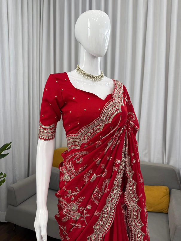 Red Color Vichitra Silk With Sequience Thred Work Saree