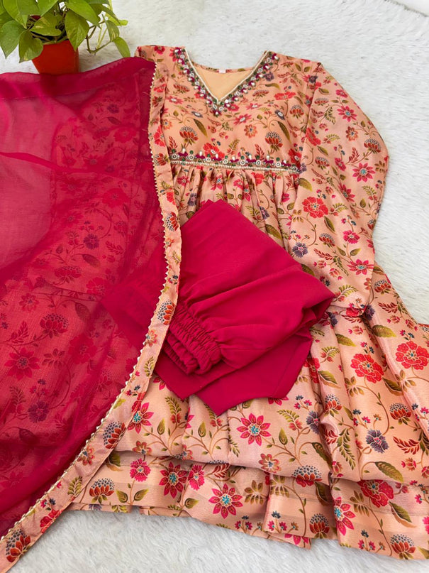 Pich Color Chinon Soft With Printed And Multi Color Hand Work Gown