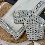 Beautifull White Color Organza With Real Mirror Work Saree