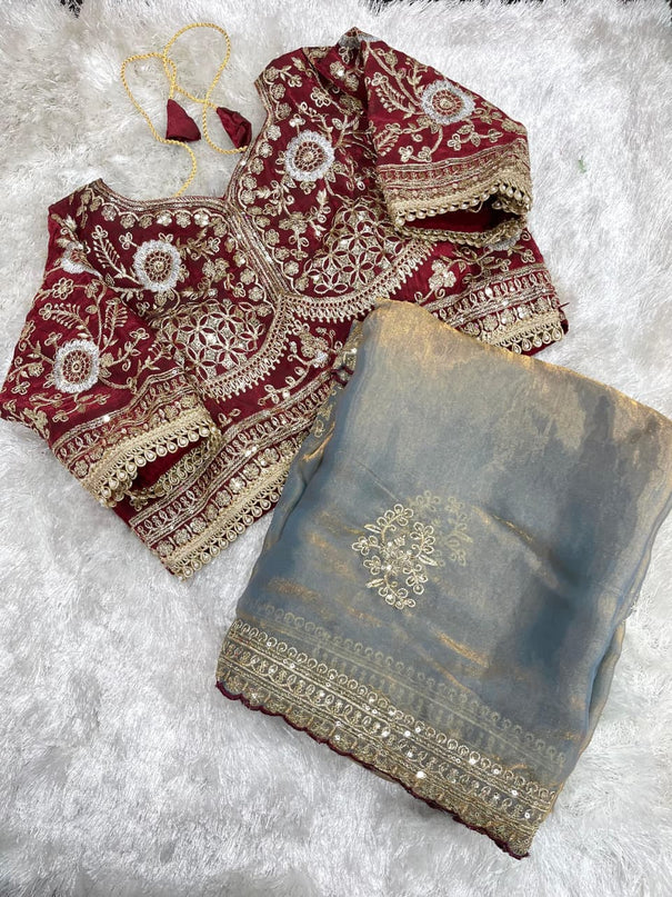 Beautifull Rich Look Embroidery Sequience Work Saree