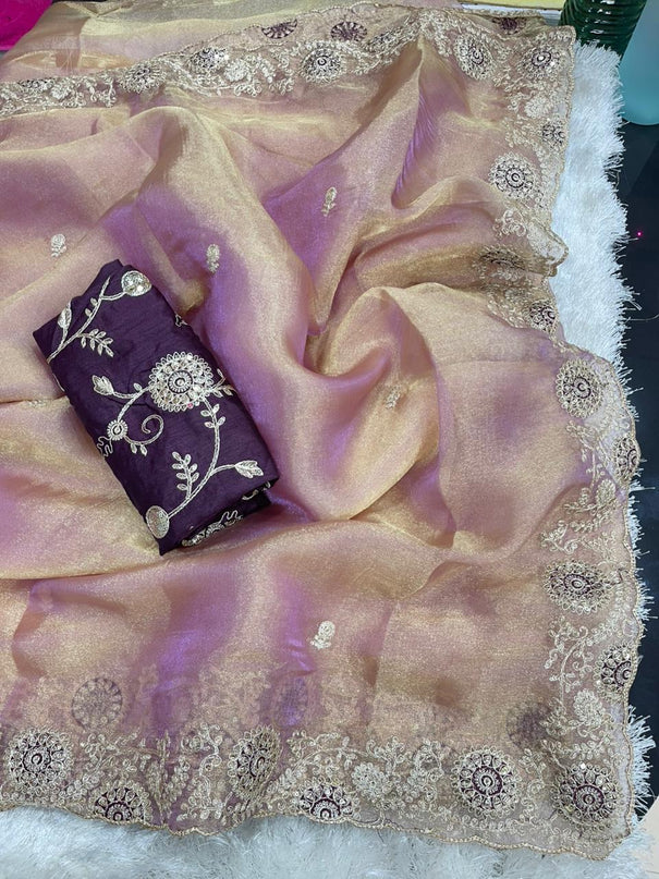 Beautifull Two Tone Tissue Silk With Embroidery Work Saree
