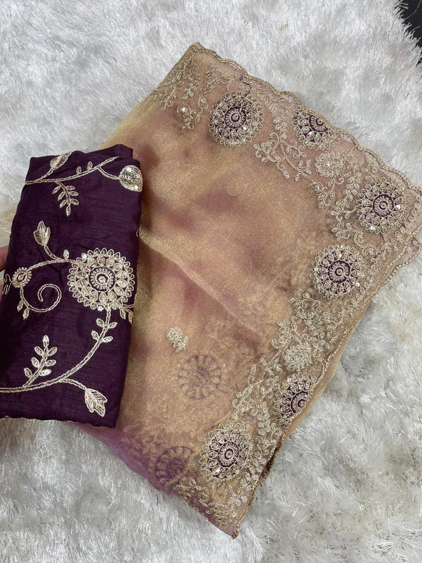 Beautifull Two Tone Tissue Silk With Embroidery Work Saree