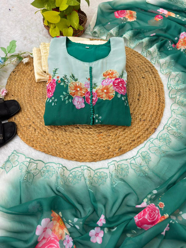 Beautifull Rama Color Fox Georgette Hand Work Gown