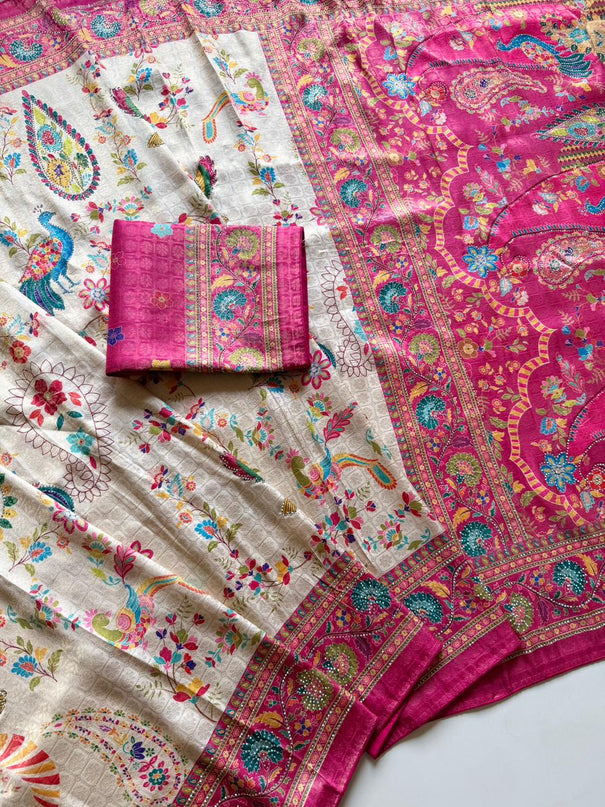 Softy Silk Jacquard Saree with Swarovski Hand Work & Digital Pashmina Print