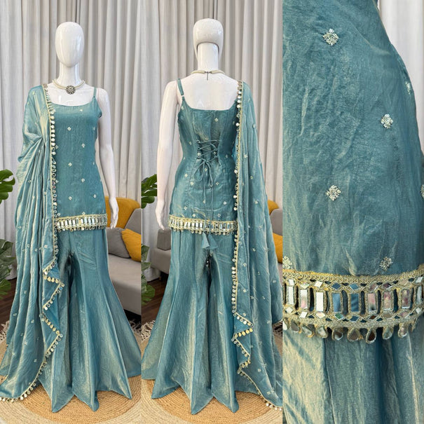 Sequnce with real mirror with redaymade lace broder top plazzo