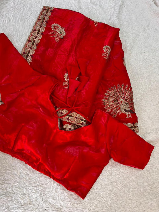 Red Color Fandy Satin Silk With Embroidery Work Saree