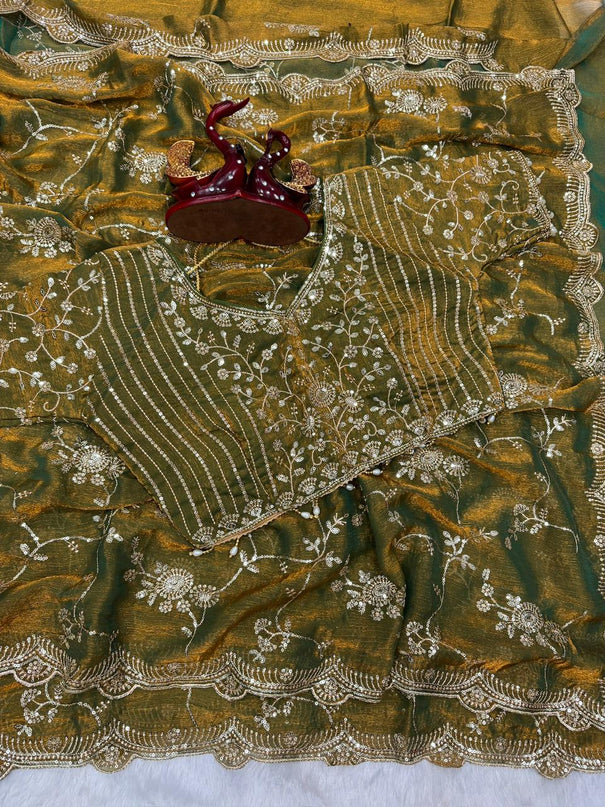 Designer Frendy Chiffon Saree With Sequence Zari Embroidery work saree