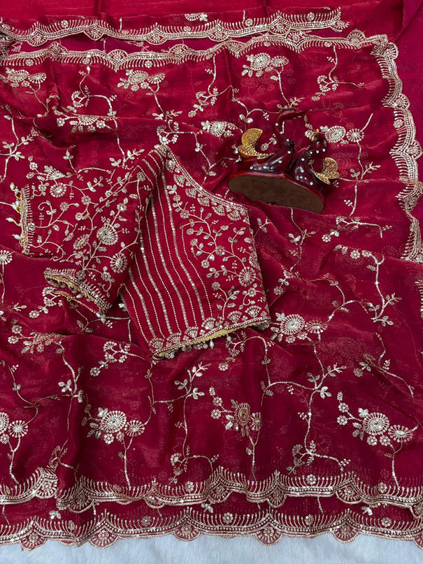 Designer Frendy Chiffon Saree With Sequence Zari Embroidery work saree