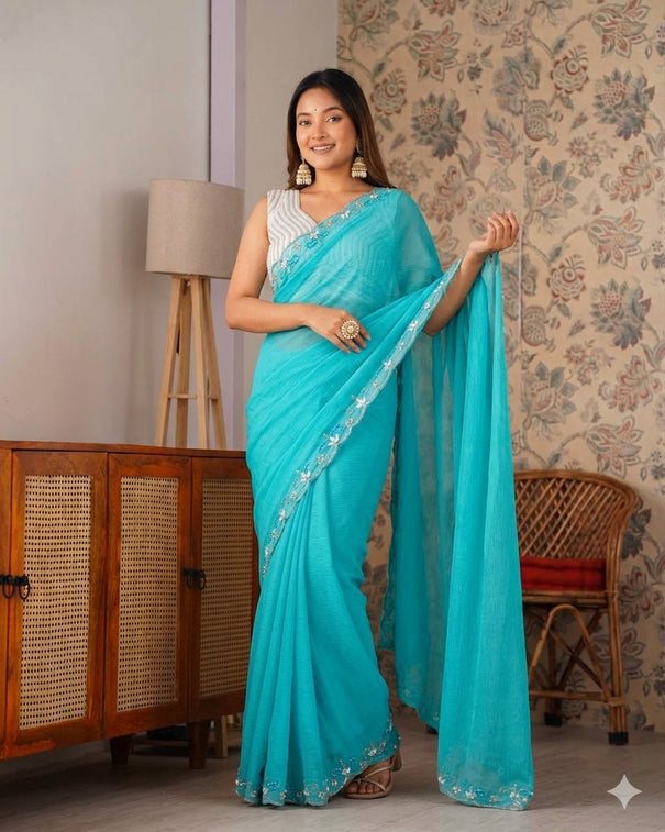 Designer Fendy Chiffon Saree With Cutdana Moti Border & Handwork saree