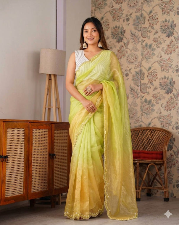 Designer Fendy Chiffon Saree With Cutdana Moti Border & Handwork saree