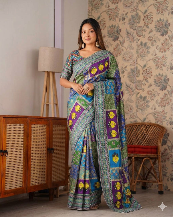 Designer Premium Chinon Silk With Print & Real Mirror Work Saree