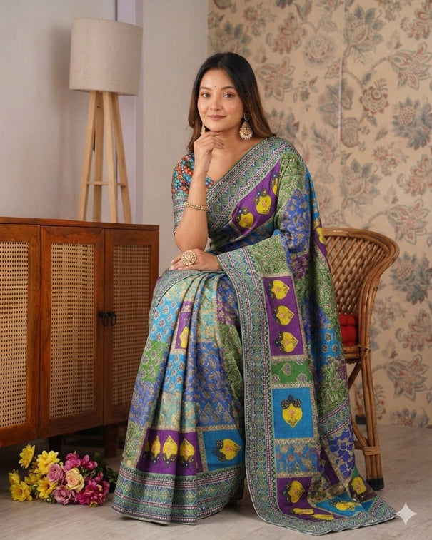 Designer Premium Chinon Silk With Print & Real Mirror Work Saree