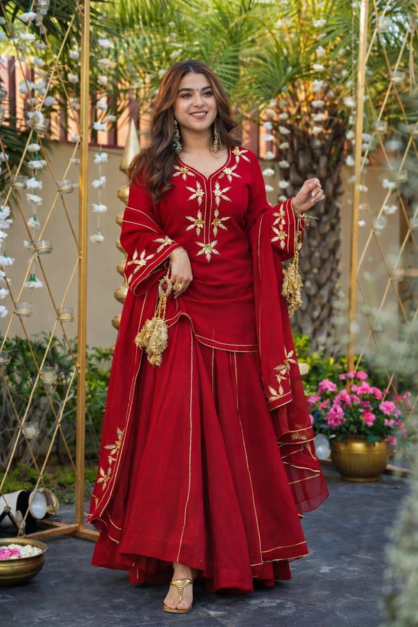 Beautiful Soft Crunchy Chiffon Suit With Hand Charkhi Gota Patti Work