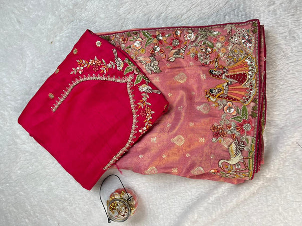 Beautiful  Dola Silk Saree With Coding And Multi Sequence Work